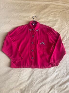 Vintage 80s 90s red Button-Up crop top with metal Embellished Collar and pocket